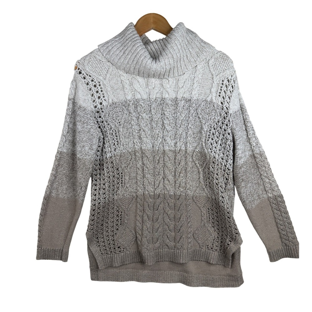 White House Black Market Gold Metallic/Beige Pointelle Cable Knit Sweater Size M